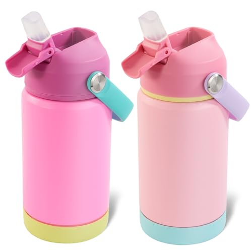 Kerilyn 12oz Kids Water Bottle 2 Pack, Stainless Steel Insulated Water Bottle Bulk, Toddler Cups with Straws Leak-Proof, Kids Water Bottles for School Boys Girls, BPA Free, Rose Red+Charm Pink