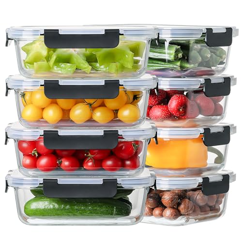8 Pack 36oz Large Glass Meal Prep Containers with lids, Glass Food Storage Containers with Leak Proof Snap Lock Lids , Airtight Bento lunch Boxes, Kitchen Storage, Oven, Freezer and Dishwasher Safe