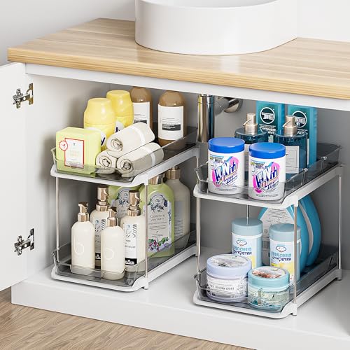 Delamu 2 Sets of 2-Tier Multi-Purpose Bathroom Under Sink Organizers and Storage, Stackable Kitchen Pantry Organization, Pull Out Medicine Cabinet Organizer with 8 Movable Dividers, Grey