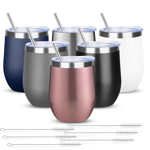 12oz/6 Pack Wine Tumbler Glasses with Lid Stemless Double Wall Vacuum Stainless Steel Travel Tumbler Keeping Cold & Hot for Wine,Coffee,Cocktails,Christmas Drinks-Family and Gifts (Multi color-dark)