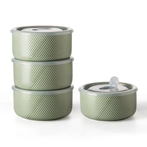 Large Ceramic Bowls with Lids: 32 oz Microwave Safe Food Storage Containers for Soup Salad Meal Prep Lunch Picnic Camping - 6 Inch, Set of 4 (Pea Green)