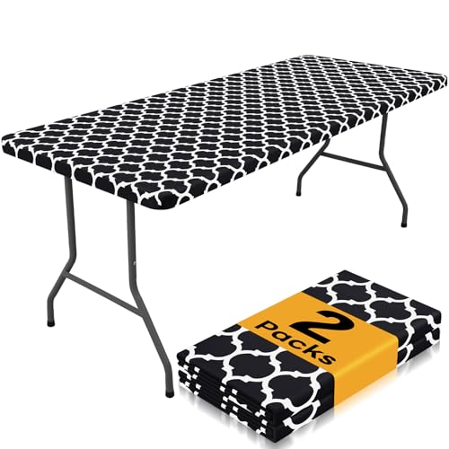 Smiry 2 Pack Rectangle Table Cloth 6 Foot, Waterproof Elastic Fitted Tablecloths, Windproof Washable Polyester Table Cover for Picnic, Camping, Outdoor (Black, 30"x72")