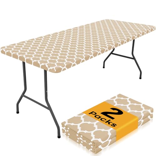 Smiry 2 Pack Rectangle Table Cloth 6 Foot, Waterproof Elastic Fitted Tablecloths, Windproof Washable Polyester Table Cover for Picnic, Camping, Outdoor (Khaki, 30"x72")