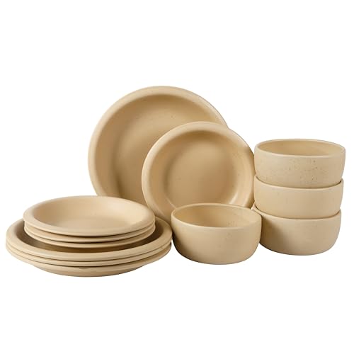 Bloomhouse Corsica Clay 12 Piece Stoneware Rustic Reactive Glaze Dinnerware Set - Stackable Plates and Bowls Set. Service for 4 - Matte Finish Cappuccino Cream