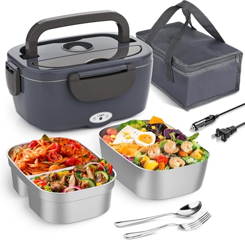 Electric Lunch Box Food Heater 3 in 1 Portable Warmer Leakproof Heated Box for Adults, Heating Microwave for Car/Home with 2 Removable Stainless Steel Container, 12V/24V 110V