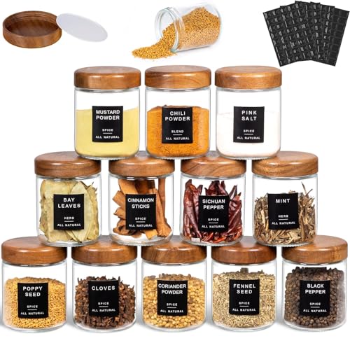 Yangbaga 12Pcs Glass Spice Jars with Labels-8oz Acacia Wood Lid Square Spice Containers,Seasoning Jars for Rack Cabinet Drawer,KitchenPantry Daily Use