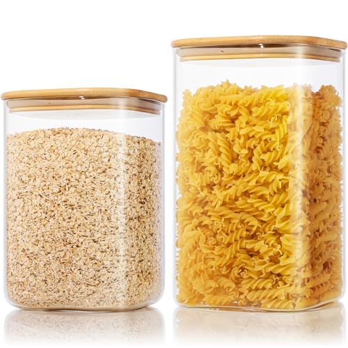 Extra Large Square Glass Flour & Sugar Storage Containers with Airtight Lids, 168 floz & 84 floz - 2 Pack Glass Jars with Bamboo Lids, Air tight Food Storage Containers for Cereal, Pasta, Rice