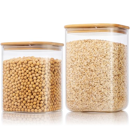 Extra Large Square Glass Flour & Sugar Storage Containers with Airtight Lids, 132 floz & 63 floz - 2 Pack Glass Jars with Bamboo Lids, Air tight Food Storage Containers for Cereal, Pasta, Rice