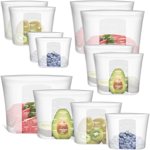 Reusable Storage Bag, 8 Pack 100% Silicone Food Storage Bags Stand Up Zip Lock Bags for Food, Freezer Microwave Oven Dishwasher Safe, 2 X-Large(0.8 Gallon) 2 Medium 2 Small 2 X-Small, Translucent