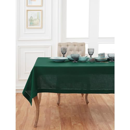 Solino Home Linen Tablecloth for Rectangle Tables 54 x 72 Inch - Classic Hemstitch 100% Pure Linen Rainforest Green Table Cloth - Machine Washable Cloth Tablecloth for Fall, Autumn, Thanksgiving