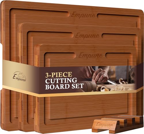 Empune Bamboo Cutting Board Set, Wood Cutting Boards for Kitchen with Holder Wooden Chopping Board for Meal Prep & Serving, Brown