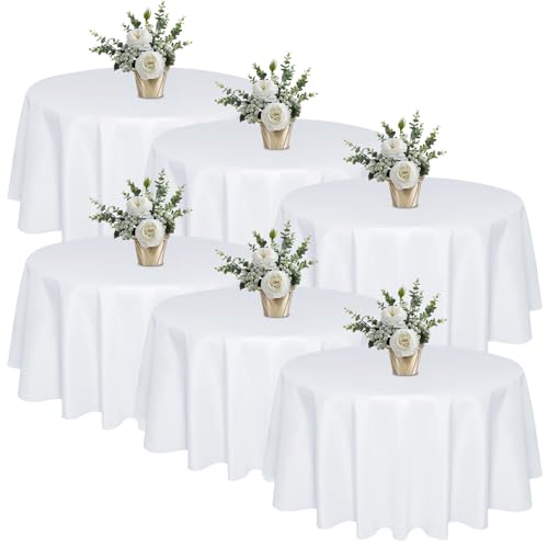 6 Pack 90 In Round White Tablecloths - Reusable Polyester Table Covers  Protect from Spills (Not Waterproof)  for Weddings, Banquets, Parties  Ships Folded, Wrinkles Likely, Steam Before Use
