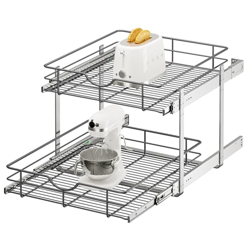ALINE FURNITURE 2-Tier Pull Out Cabinet Organizer - 20" W x 22" D Soft Close Pullout Shelves with Shelf Liners - Slide Out Drawers for Kitchen Cabinets, Pantry, Bathroom, Heavy Duty Steel Wire Baskets