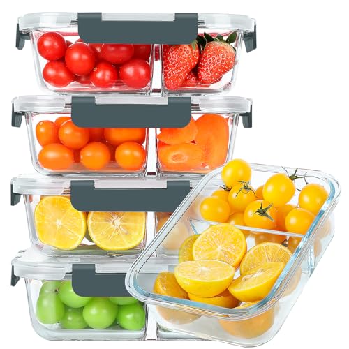 KOMUEE 30 oz 5 Pack Glass Meal Prep Containers 2 Compartments, Glass Food Storage Containers with Lids, Airtight Lunch Box, Microwave, Oven and Freezer Safe