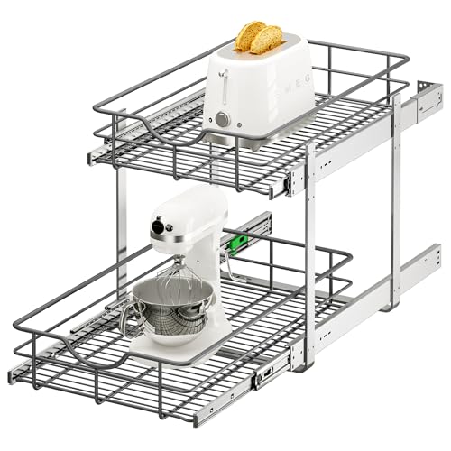 ALINE FURNITURE 2-Tier Pull Out Cabinet Organizer - 14" W x 22" D Soft Close Pullout Shelves with Shelf Liners - Slide Out Drawers for Kitchen Cabinets, Pantry, Bathroom, Heavy Duty Steel Wire Baskets