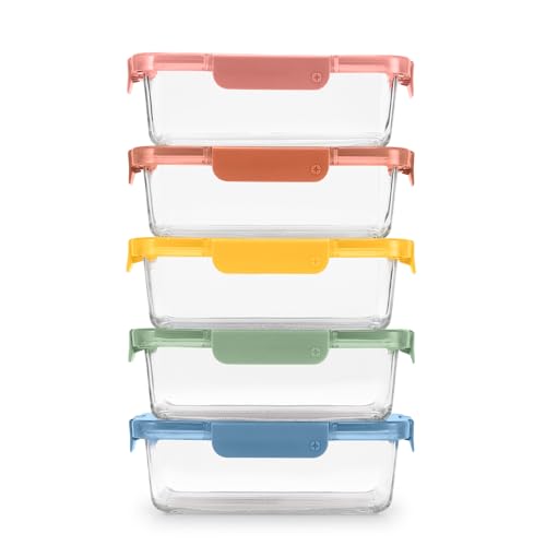 Ello Color Lock 5 Cup 10PC, 5 Pack Glass Meal Prep Sets Leak-Proof Glass Food Storage Containers with Airtight BPA-Free Plastic Lids, Dishwasher, Microwave, and Freezer Safe, Desert Festival