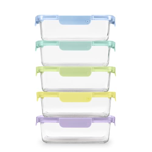Ello Color Lock 5 Cup 10PC, 5 Pack Glass Meal Prep Sets Leak-Proof Glass Food Storage Containers with Airtight BPA-Free Plastic Lids, Dishwasher, Microwave, and Freezer Safe, Purple Rain