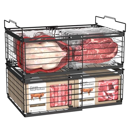 NADAMOO Freezer Organizer Bins, 2 Packs Large Expandable Stackable Chest Freezer Containers with Handle, Metal Adjustable Storage Baskets for Fridge, Deep Freezer, Cabinet, Kitchen, Pantry - Black
