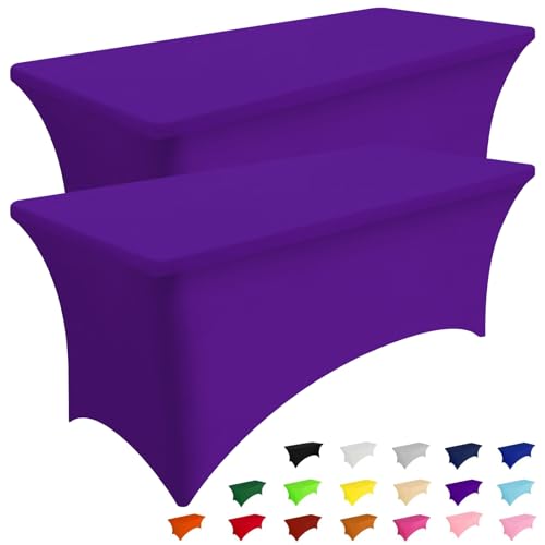 Smiry 2 Pack Spandex Table Cloth 8FT, Elastic Fitted Stretch Tablecloths for Rectangle Tables, Washable Table Cover for Outdoor, Wedding, Banquet & Parties (Purple, 96Lx30Wx30H Inch)