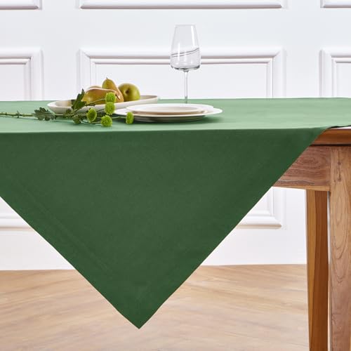 Solino Home Linen Square Tablecloth 52 x 52 Inch - 100% Pure Linen Pine Green Table Throw - Fete, Machine Washable Table Cloth for Fall, Autumn, Thanksgiving, Christmas