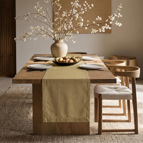 Solino Home Linen Table Runner 72 Inches Long - 100% Pure Linen Kelp Table Runner 14 x 72 Inch for Fall, Autumn - Diana Medium Weight, Handcrafted and Machine Washable