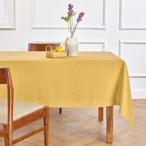 Solino Home Linen Tablecloth 52 x 52 Inch - 100% Pure Linen Mustard Yellow Square Tablecloth - Fete, Machine Washable Table Throw for Thanksgiving
