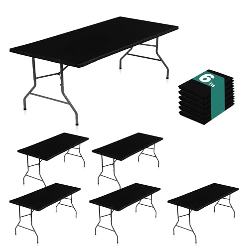 LUSHVIDA 6 Packs Vinyl Tablecloths with Flannel Backing 72x30 inch - Waterproof Plastic Table Covers for 6 Foot Rectangle Folding Table Cloths with Elastic Edges, Black