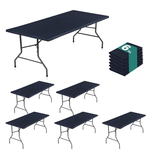 LUSHVIDA 6 Packs Vinyl Tablecloths with Flannel Backing 72x30 inch - Waterproof Plastic Table Covers for 6 Foot Rectangle Folding Table Cloths with Elastic Edges, Navy Blue