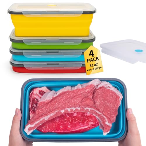 Extra Large Collapsible Food Storage Containers with Lid & Air Vent, 81 oz, 4 Pack, XXL Collapsible Marinade Container BBQ Prep Foldable Silicone Containers, Microwave Freezer Dishwasher Safe