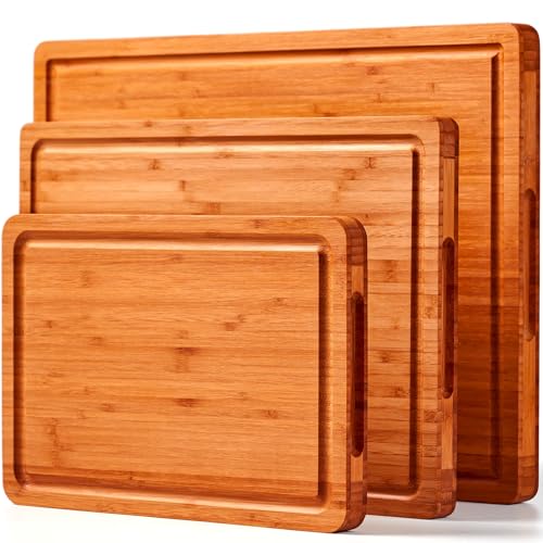 Allsum Extra Thick Wooden Cutting Boards for kitchen (Set of 3), Large Bamboo Wood Cutting Board, Butcher Blocks, Charcuterie Boards with Side Handles and Juice Groove