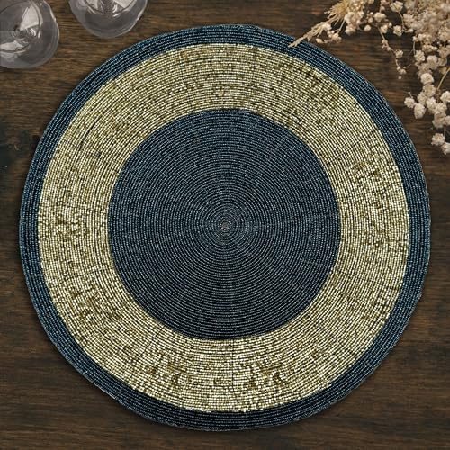 Decozen Round Placemats Set of 12-14 Inch Heat Resistant Farmhouse Rustic Beaded Placemats, Round Dining Table Place mats, Decorations for Home, Wedding, Dark Blue Gold, Christmas Placemats