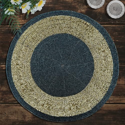 Decozen Round Placemats Set of 16-14 Inch Heat Resistant Farmhouse Rustic Beaded Placemats, Round Dining Table Place mats, Decorations for Home, Wedding, Dark Blue Gold, Christmas Placemats