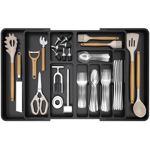 Lifewit Large Silverware Drawer Organizer, Plastic Cooking Utensil Tray for Kitchen, Expandable From 21 to 36 Inches, Adjustable Flatware Cutlery Spoon Fork Knife Spatula Gadgets Holder, Black