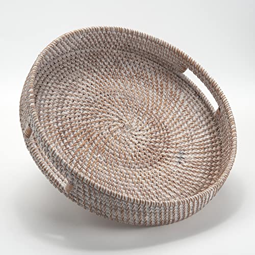 Coffee Table Tray Round Rattan Ottoman Tray Woven Serving Trays with Handles for Home and Kitchen Decorative Whitewash (Large 16.9 inch)