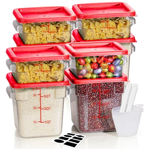 2QT4QT NSF Food Storage Containers: 8 PCS [Food Grade][Hot&Cold Resistant] Commercial Clear Square Food Storage Containers with Scales Handles for Home Restaurant Kitchen Proof Dough (Red)