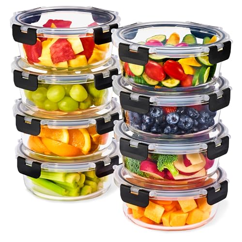 Sorbus 16pc Glass Meal Prep Containers Set  8 Round 32oz Containers with Airtight Lids  Freezer, Dishwasher, Oven Safe  Reusable Food Storage Bowls, 4 Cup Capacity for Meal Prep and Storage