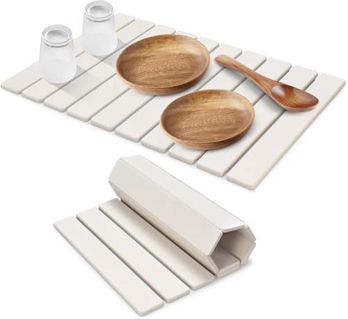 Large Stone Dish Drying Mats for Kitchen Counter, Quick Dry Collapsible Dish Drying Mat, Eco-Friendly Absorbent Foldable Diatomaceous Earth Mats for Dishes Bottles Cups, Match Any Countertop, 24"16"