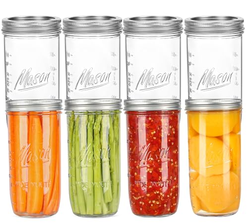 24 oz Wide Mouth Mason Jars - Canning Jars with Metal Airtight Lids and Bands, 24 ounce Mason Glass Jars for Fermenting, Pickling, Meal Prep, Overnight Oats, Jam, Jelly, DIY Projects (8 pack)