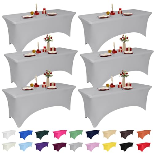 6 Pack 6 Feet Grey Spandex Tablecloth for Rectangular Tables, Fitted & Stretch, Washable, Wrinkle Resistant, Perfect for Event, Wedding, Party, Banquet, Cocktail, Festival, and Table Protector