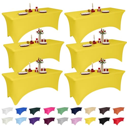 6 Pack 6 Feet Yellow Spandex Tablecloth for Rectangular Tables, Fitted & Stretch, Washable, Wrinkle Resistant, Perfect for Event, Wedding, Party, Banquet, Cocktail, Festival, and Table Protector