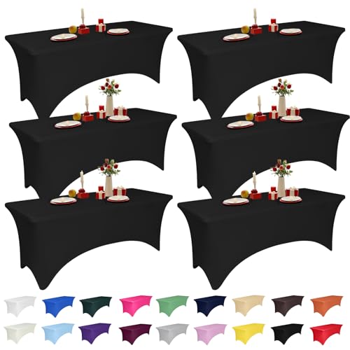 6 Pack 8 Feet Black Spandex Tablecloth for Rectangular Tables, Fitted & Stretch, Washable, Wrinkle Resistant, Perfect for Event, Wedding, Party, Banquet, Cocktail, Festival, and Table Protector