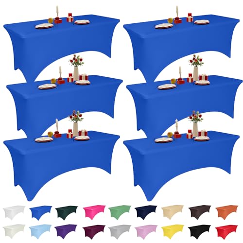 6 Pack 6 Feet Royal Blue Spandex Tablecloth for Rectangular Tables, Fitted & Stretch, Washable, Wrinkle Resistant, Perfect for Event, Wedding, Party, Banquet, Cocktail, Festival, and Table Protector