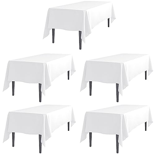 LTC LINENS 5 Pack White Rectangular Tablecloths 60 x 126 Inch for 8 Feet Rectangle Banquet Tables with Half-Drop - Stain and Wrinkle Resistant Polyester Fabric Cloth Table Covers for Party, Wedding