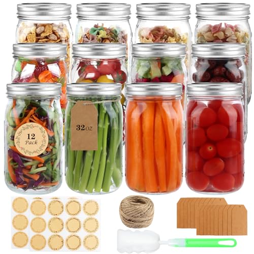 Wide Mouth Mason Jars 32 oz, 12 Pack Clear Glass Mason Jars with Airtight Lids and Bands, Quart Canning Jars for Preserving, Canning, Meal Prep, Pickling