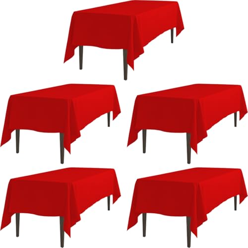 LTC LINENS 5 Pack Red Tablecloths Rectangular 70 x 120 Inch for 6 or 8 ft Rectangle Banquet Tables with Half-Drop - Stain and Wrinkle Resistant Polyester Fabric Cloth Table Covers for Wedding, Party