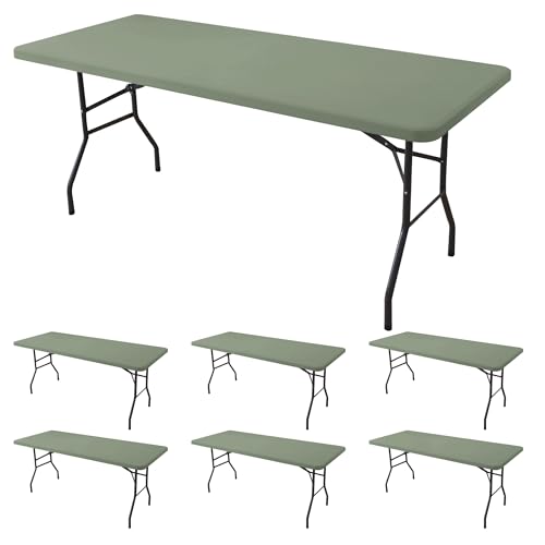 Fitted Tablecloth for 8 Foot Rectangle Tables-6 Pack Sage Elastic Outdoor Picnic Table Cover-Spandex Stretch Folding Table Cloths 8ft for Camping Dining Room Patio Kitchen Banquet Party