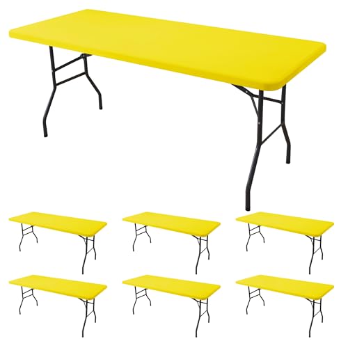 Fitted Tablecloth for 8 Foot Rectangle Tables-6 Pack Yellow Elastic Outdoor Picnic Table Cover-Spandex Stretch Folding Table Cloths 8ft for Camping Dining Room Patio Kitchen Banquet Party