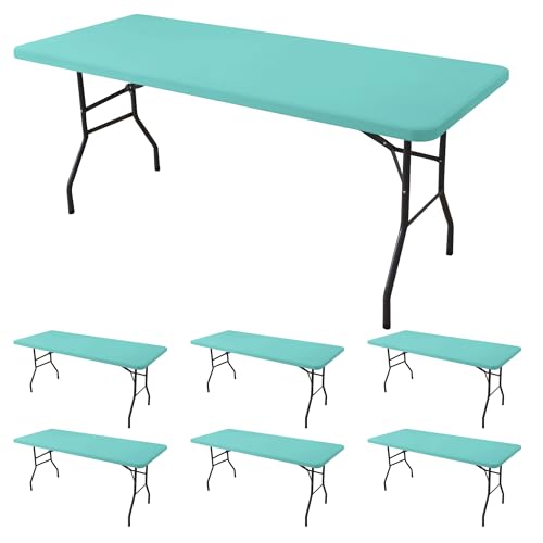 Fitted Tablecloth for 8 foot Rectangle Tables-6 Pack Aqua Blue Elastic Outdoor Picnic Table Cover-Spandex Stretch Folding Table Cloths 8ft for Camping Dining Room Patio Kitchen Banquet Party