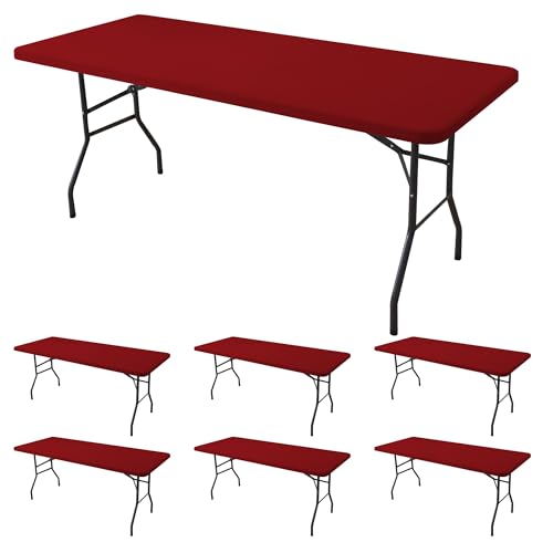 Fitted Tablecloth for 8 Foot Rectangle Tables-6 Pack Red Elastic Outdoor Picnic Table Cover-Spandex Stretch Folding Table Cloths 8ft for Camping Dining Room Patio Kitchen Banquet Party