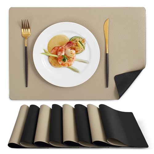 MOSAYT Vinyl Placemats Set of 8, Heat Resistant Place Mats 100% Waterproof Washable & Wipeable Faux Leather Reversible Table Mats for Kitchen Dining Party Indoor Outdoor, 12" x 17", Black/Khaki